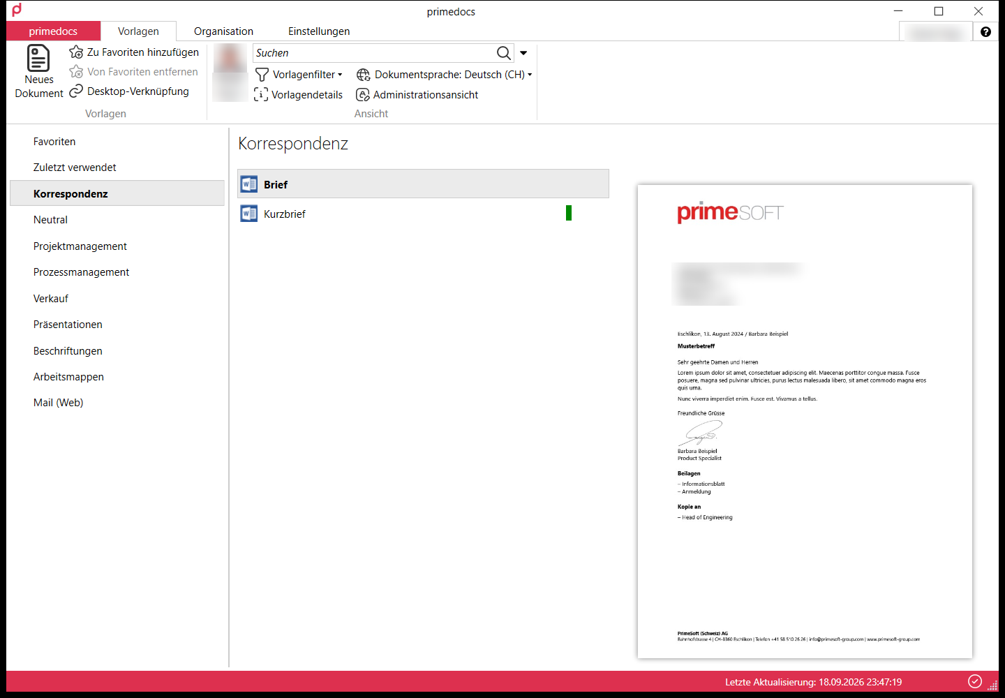 Registerkarte «Vorlagen» in primedocs Desktop
