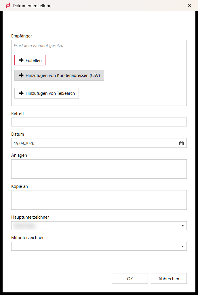 Eigenschaften-Dialog mit Empfängerbereich, Betreff, Datum und Unterzeichnern