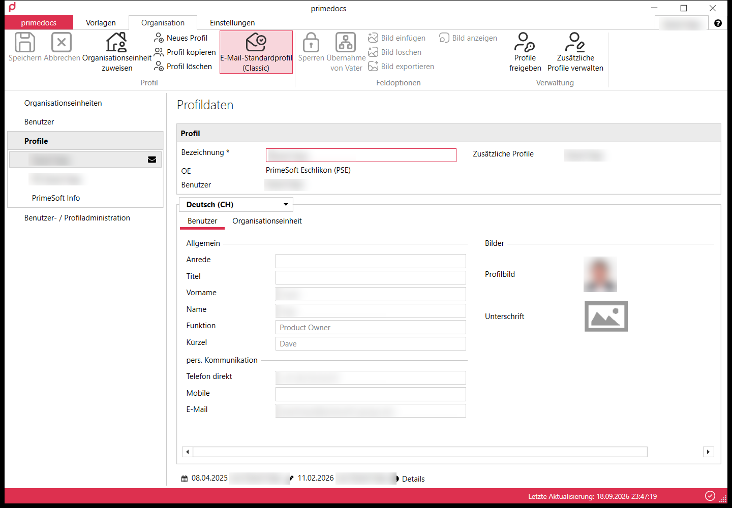 Registerkarte «Organisation» mit Profil