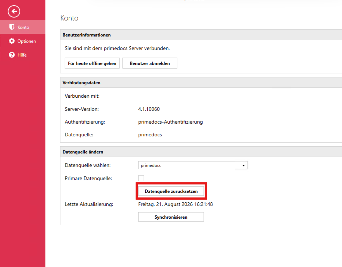 Schaltfläche «Datenquelle zurücksetzen» im Bereich «Konto»