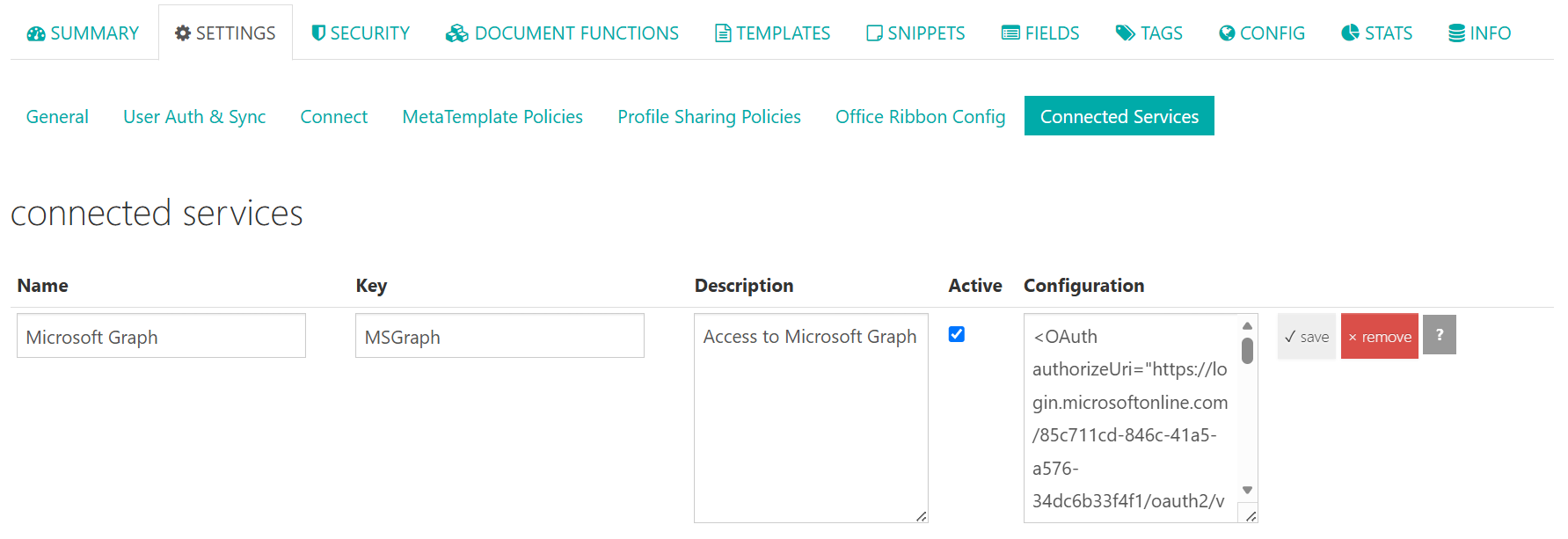 Connected Services im DataSource-Admin (Settings → Connected Services)