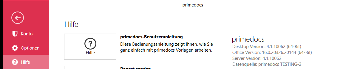 Menü Hilfe mit Versionsanzeige