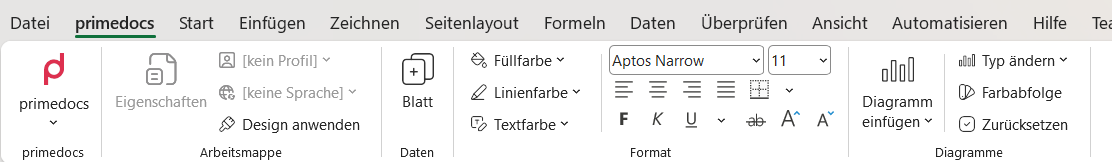 Registerkarte primedocs in Excel