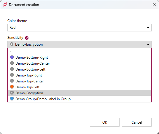 Auswahl der Vertraulichkeitsbezeichnung im Generierungsformular des Desktop Clients