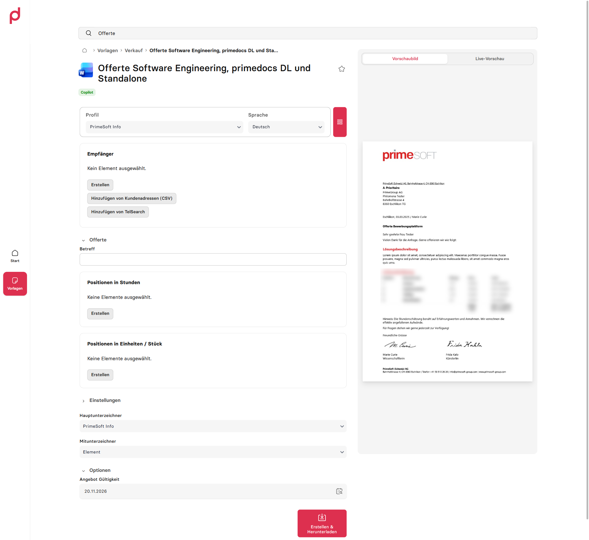 Formular in der Web-App mit den benannten Gruppen «Offerte», «Einstellungen» und «Optionen»