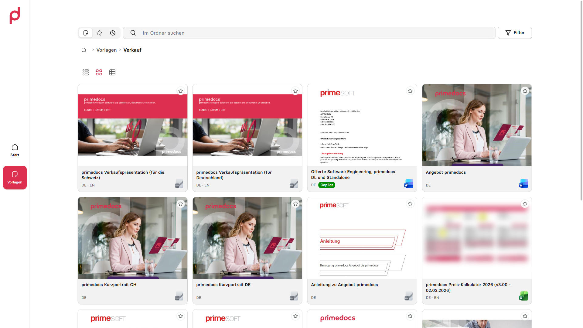 Vorlagenübersicht der Web-App in der Rasteransicht mit Vorschaubildern