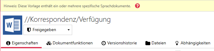 Hinweisleiste im Vorlageneditor bei einer Vorlage mit sprachspezifischen Dateien