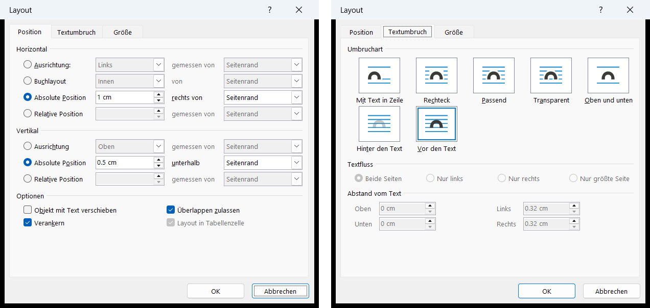 Dialog «Layout»: Register «Position» mit absoluter Position zum Seitenrand, deaktiviertem «Objekt mit Text verschieben» und aktiviertem «Verankern», daneben Register «Textumbruch» mit «Vor den Text»