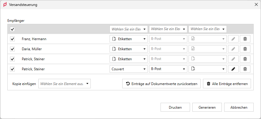 Versandsteuerung-Dialog mit Empfängern und zugeordneten Zielen