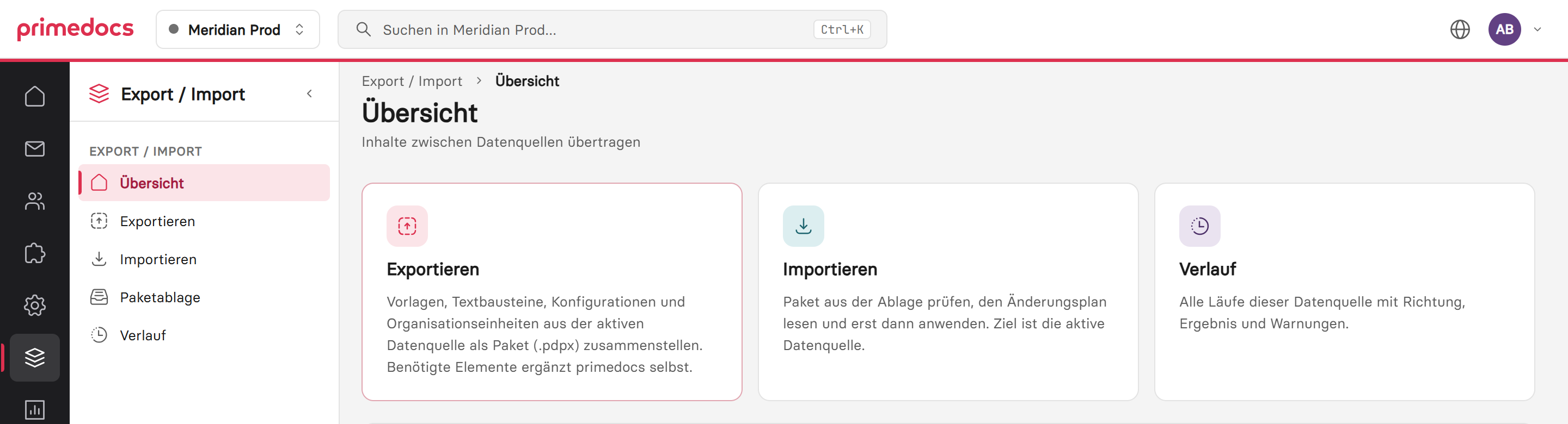 Bereich Export / Import mit eigenem Eintrag in der Hauptnavigation und den Einstiegen Exportieren, Importieren und Verlauf