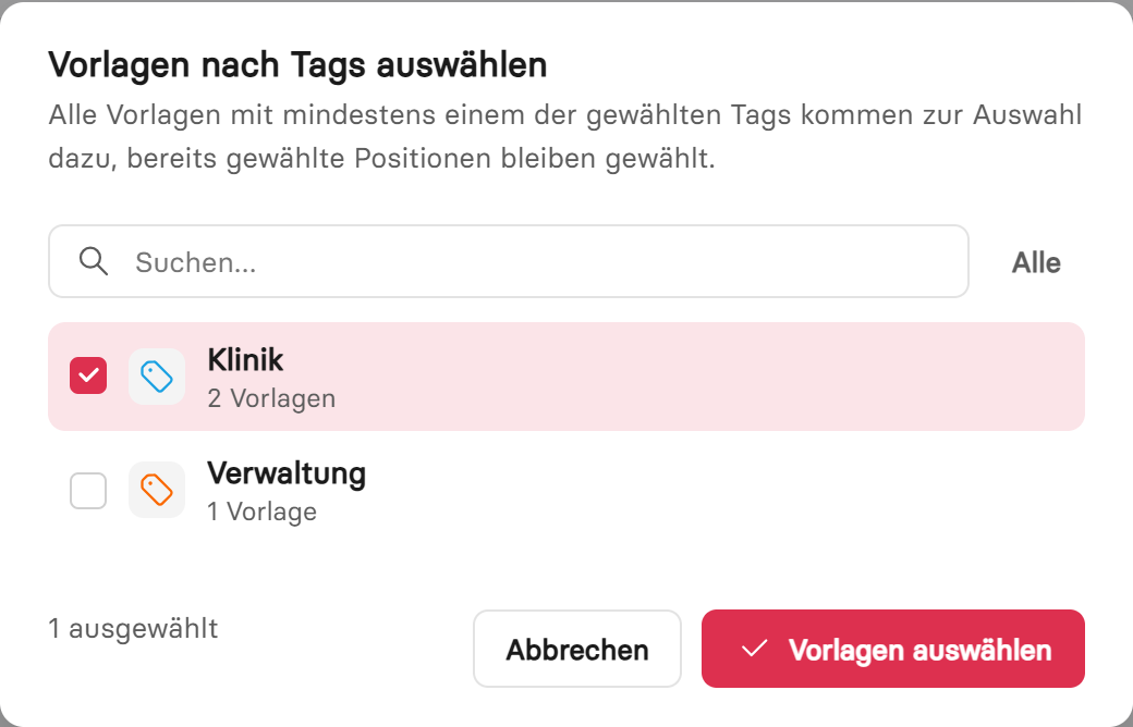 Dialog «Vorlagen nach Tags auswählen» mit den Tags, der Anzahl Vorlagen und der Tag-Farbe
