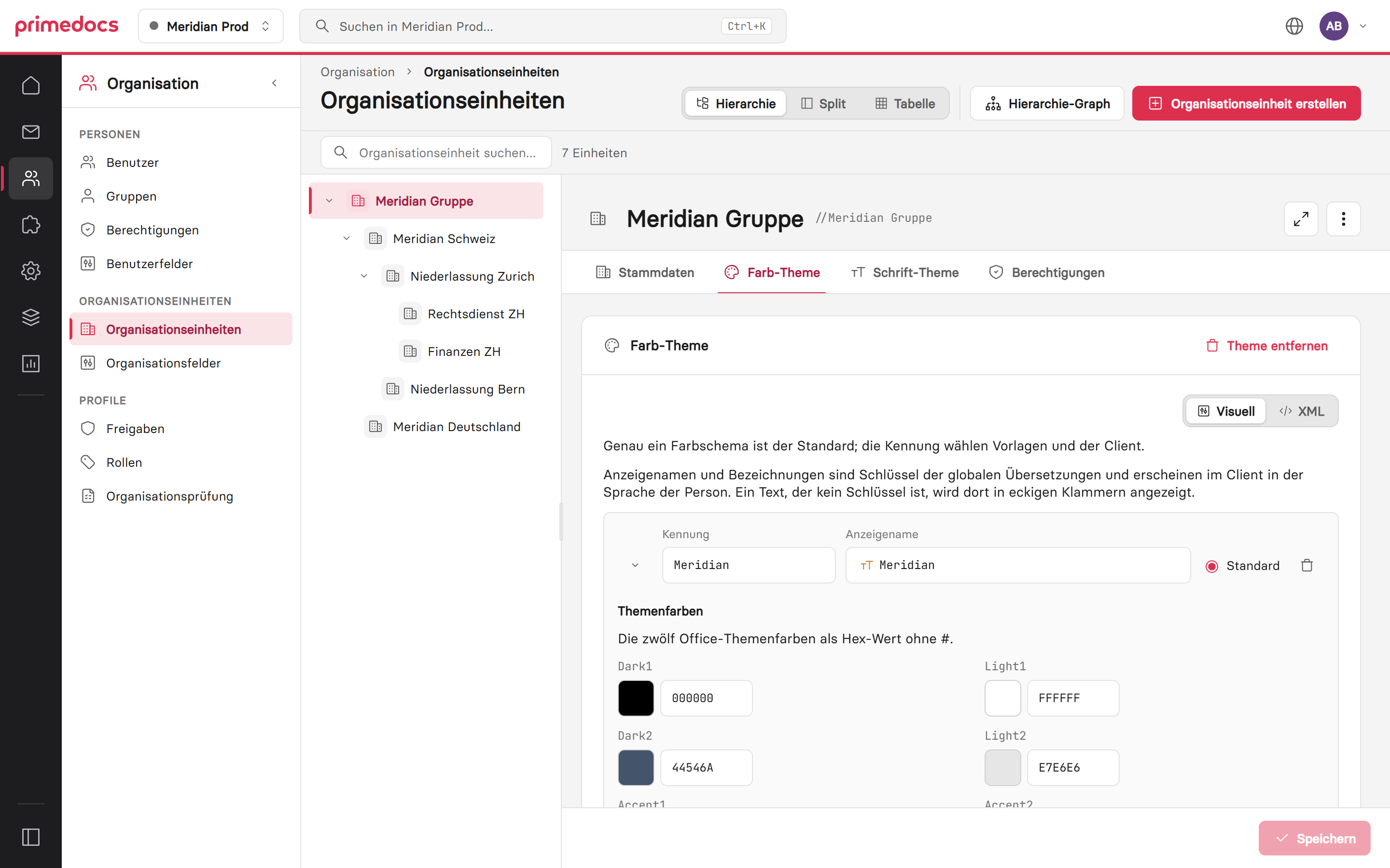 Farb-Theme einer Organisationseinheit im visuellen Editor