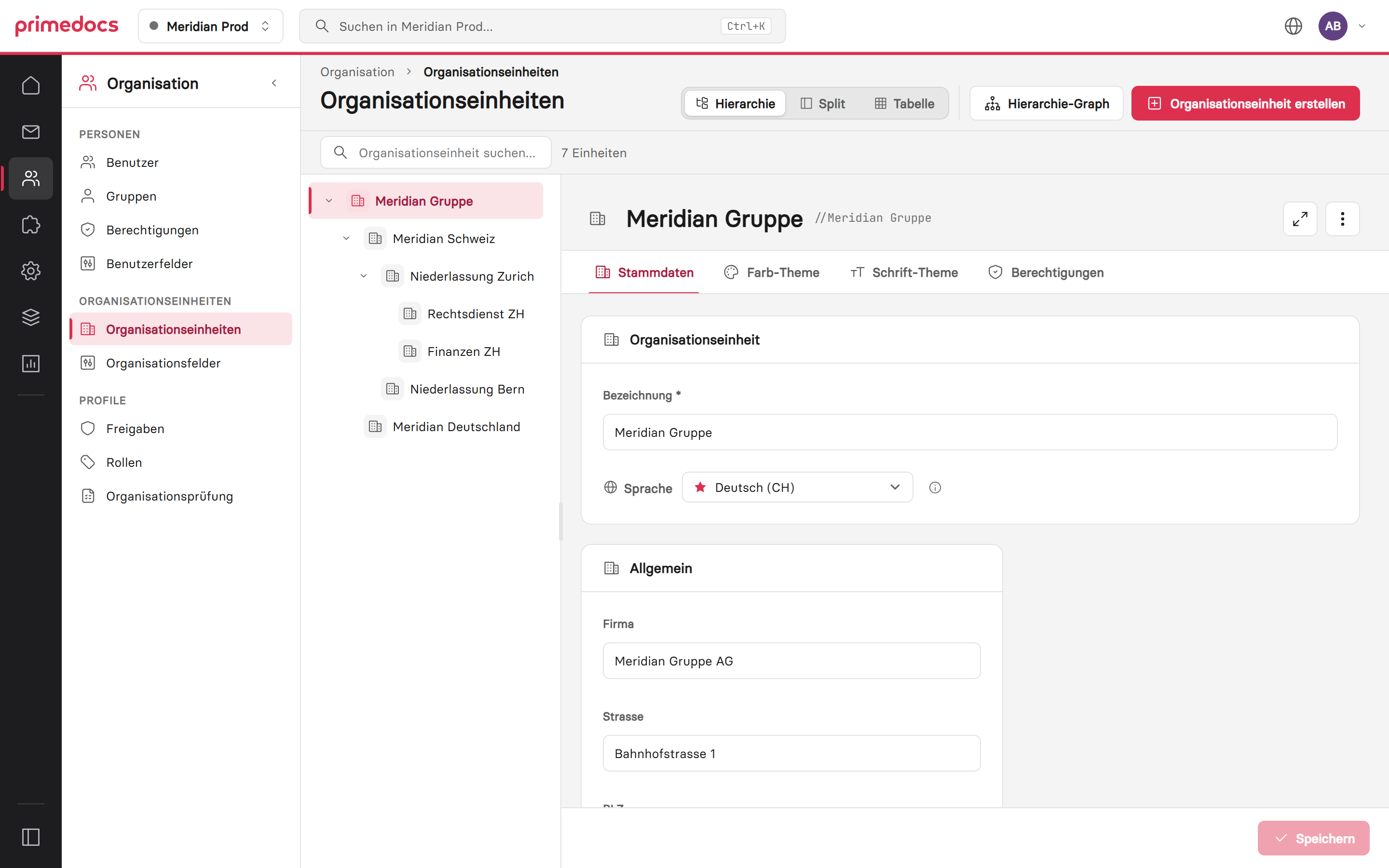 Organisationseinheiten in der Hierarchie-Ansicht mit geöffneter Einheit