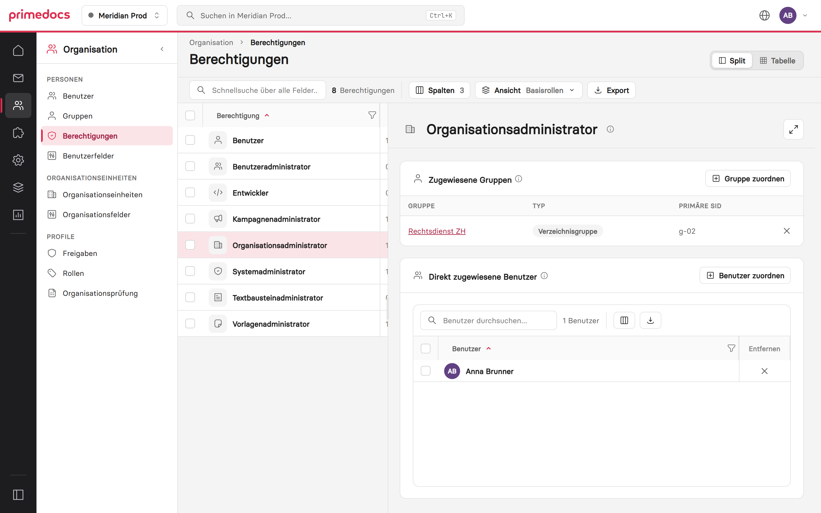 Berechtigung «Organisationsadministrator» mit zugewiesenen Gruppen und direkt zugewiesenen Benutzern