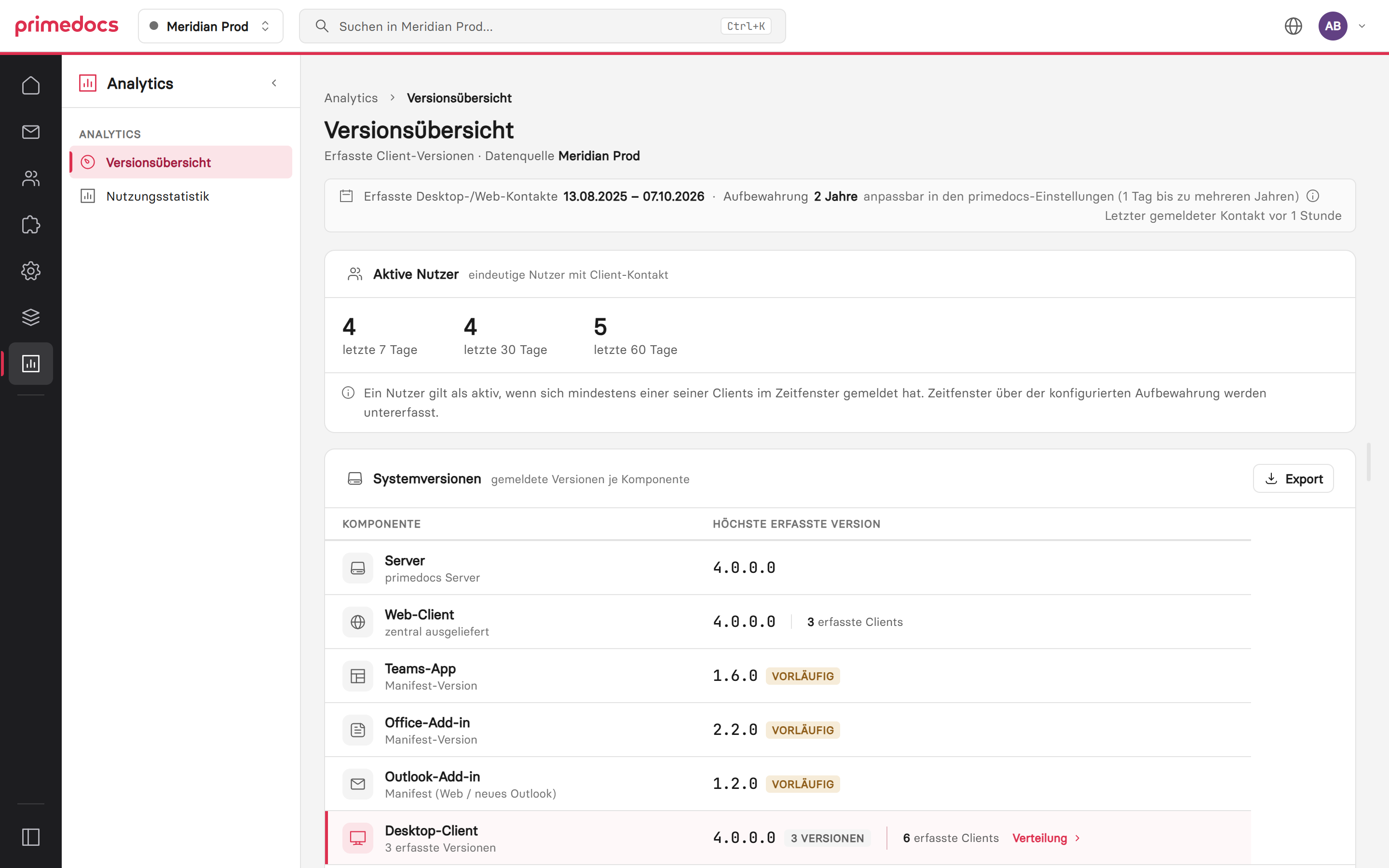 Versionsübersicht mit aktiven Nutzern und Systemversionen