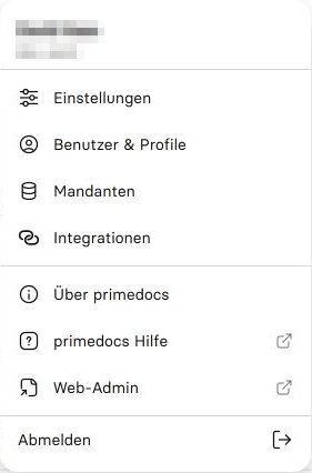 Benutzermenü mit Einstellungen, Profilen, Mandanten, Integrationen und Hilfe