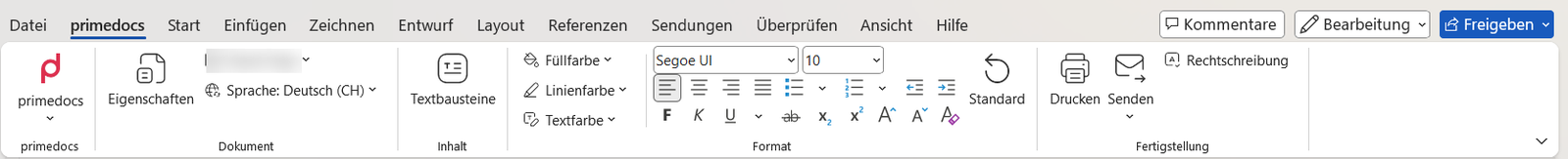 Registerkarte primedocs in Word