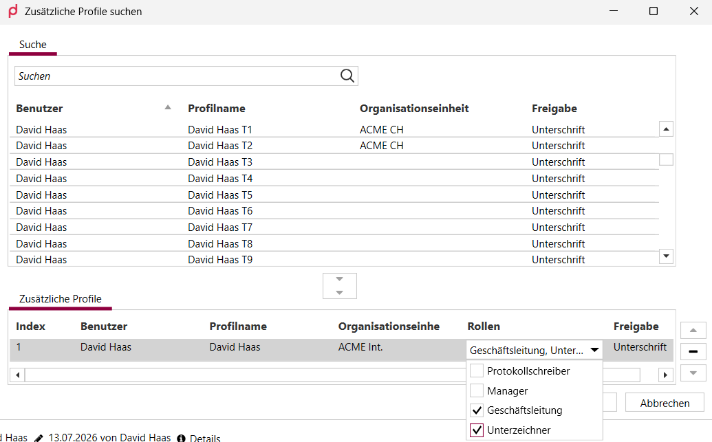 The "Manage additional profiles" dialog with the "Roles" column and the open multi-select field
