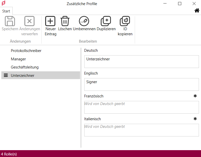 The "Additional profiles" window with the role catalogue and the display names per language