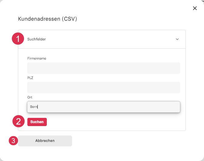 Data interface search dialogue with search fields (1) and Search button (2)