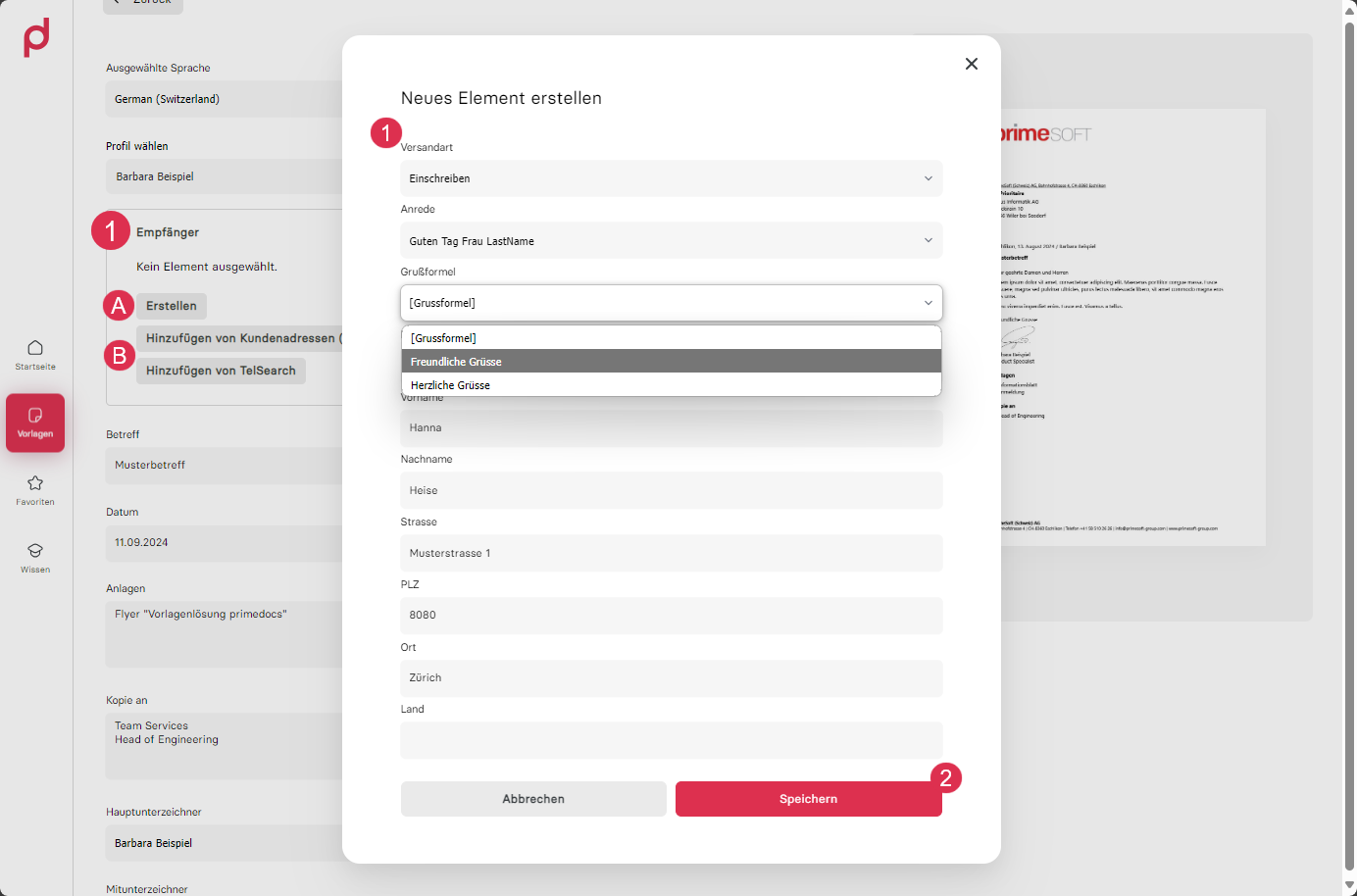 Create new element dialogue with input fields (1) and Save button (2)