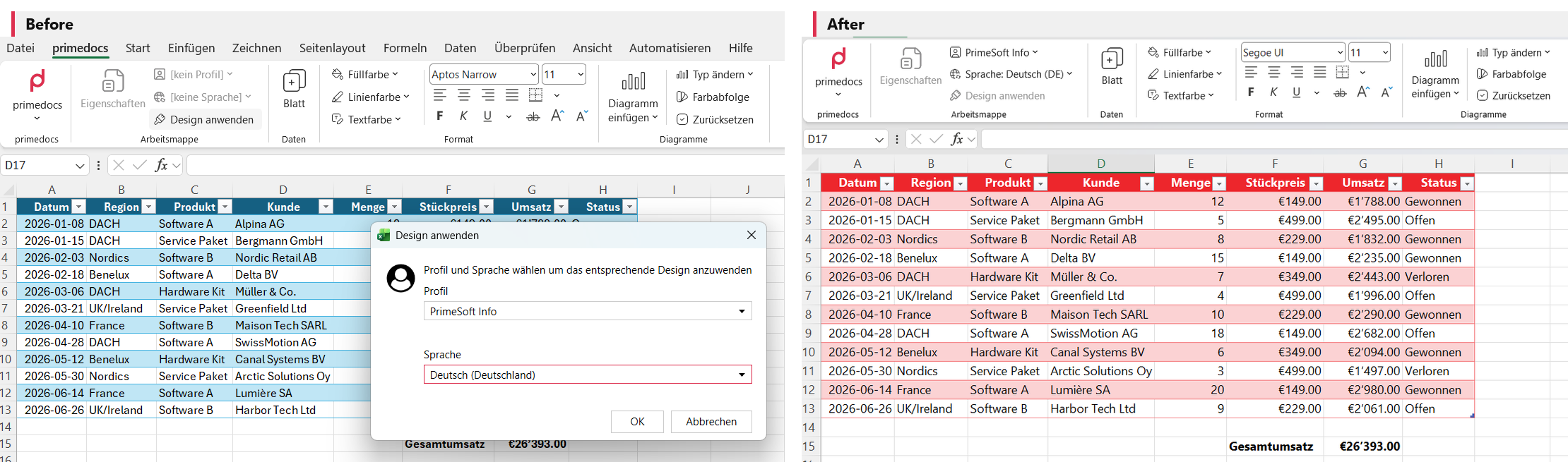 Before/after: "Apply theme" transfers the colours and fonts of the chosen profile to the workbook