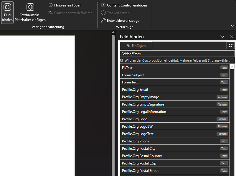 The «Bind field» pane with filter box, status line and the field list with type labels (German UI)