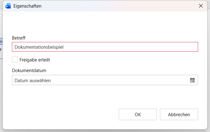 Properties dialog with an empty document date