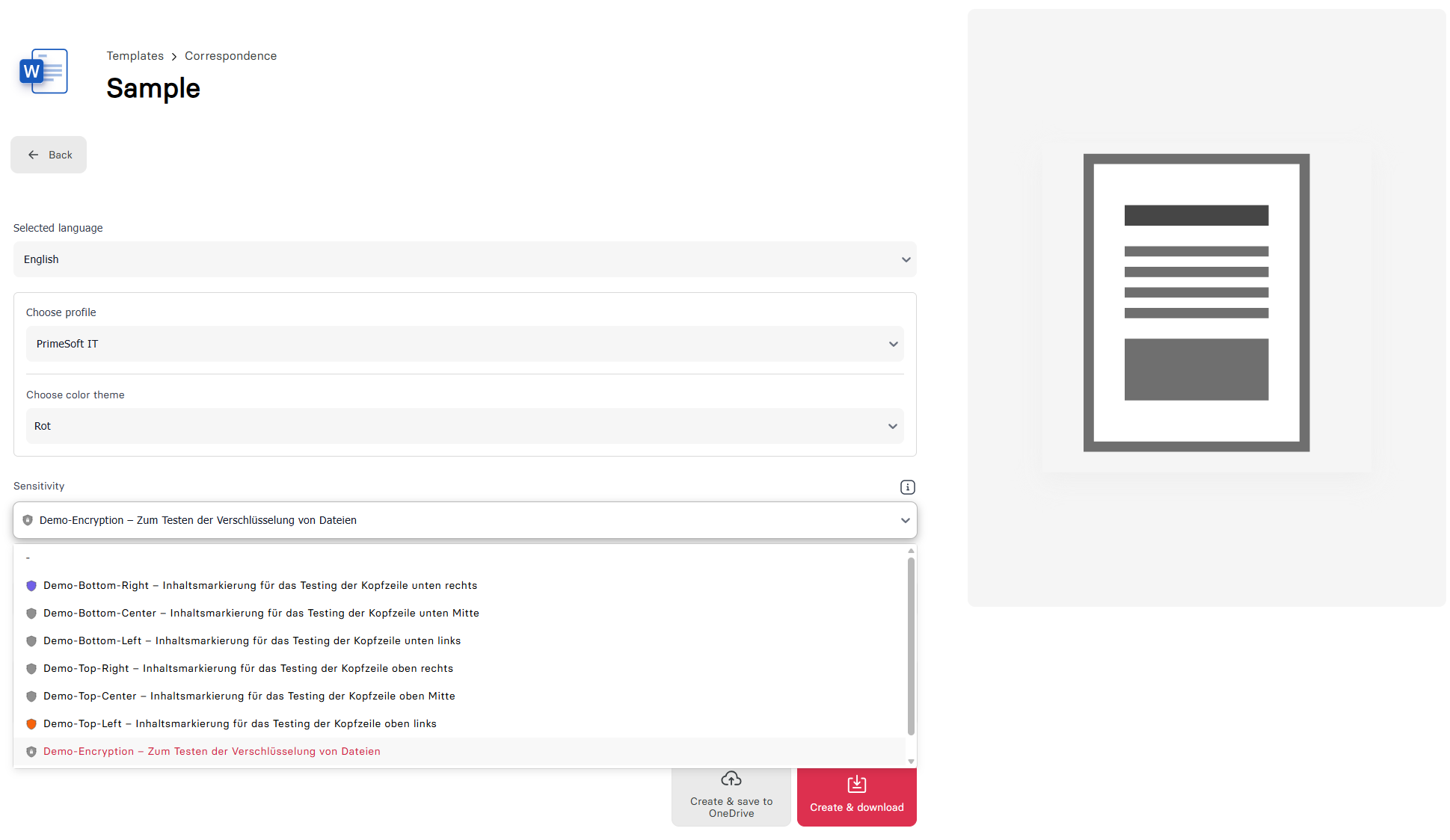 Choosing the sensitivity label in the generation form of the web app