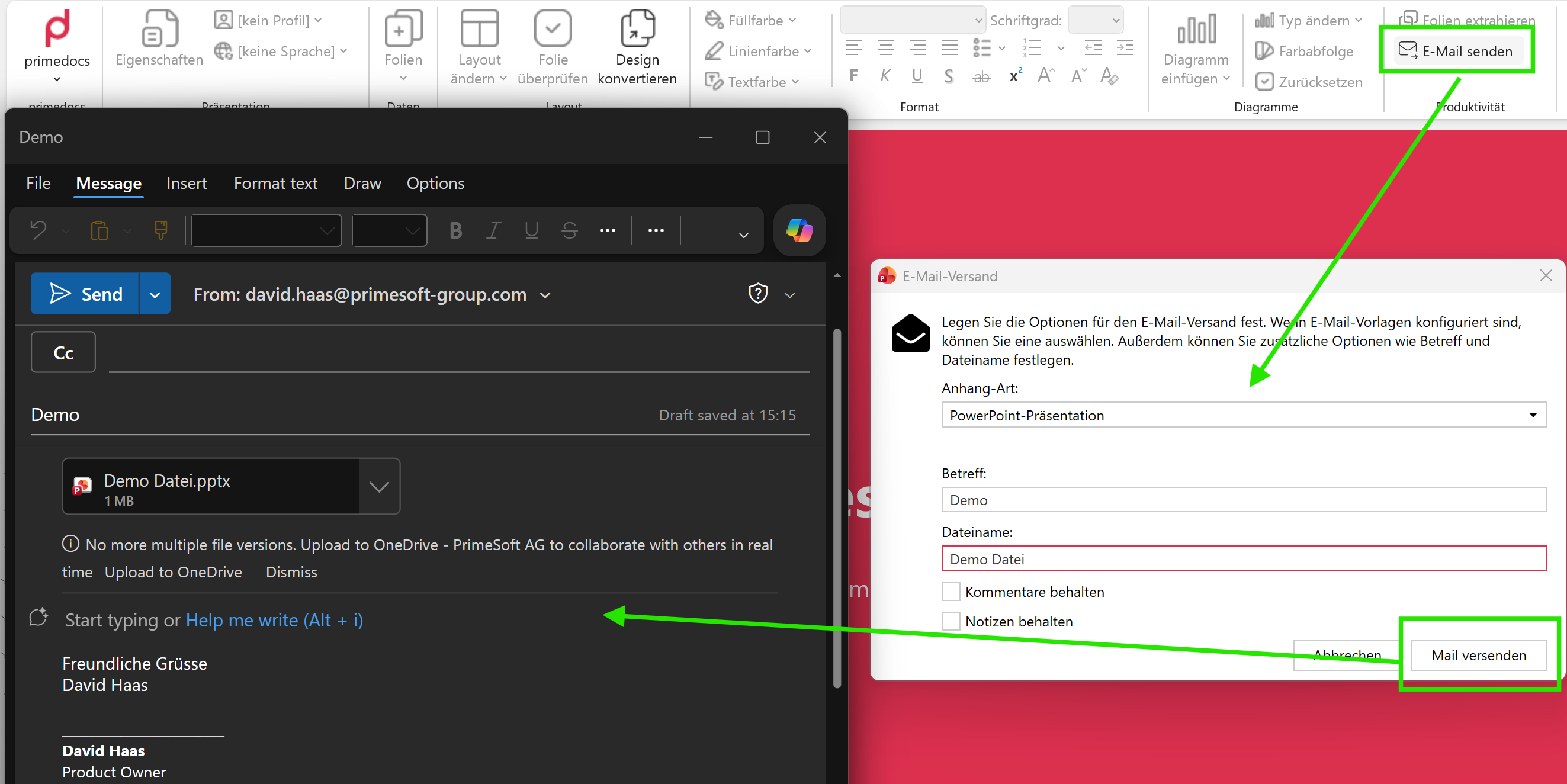 Sending slides from PowerPoint via the e-mail dispatch dialog