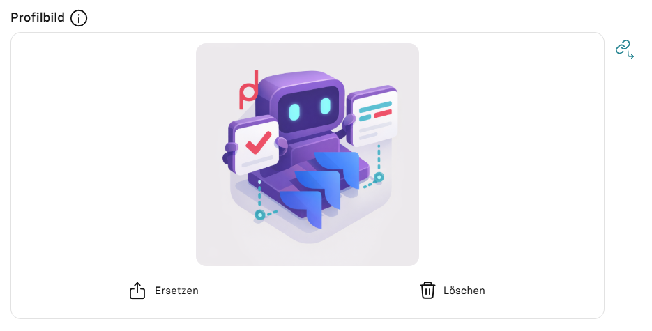 Profile picture with the chain icon for «Synchronized» and the «Replace» and «Delete» buttons