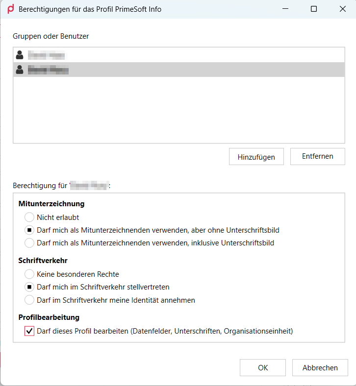 Desktop profile-sharing dialog with co-signing, correspondence and editing permissions, shown in German; names pixelated