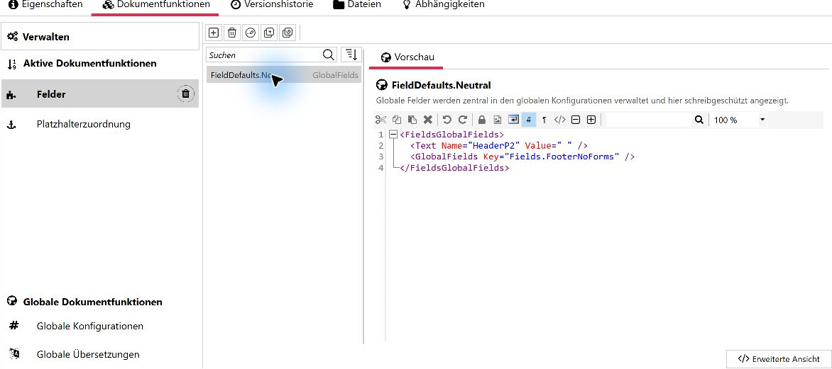 Read-only preview of a global field configuration