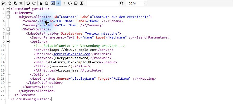 LDAP data provider in the Forms editor with neutral example values