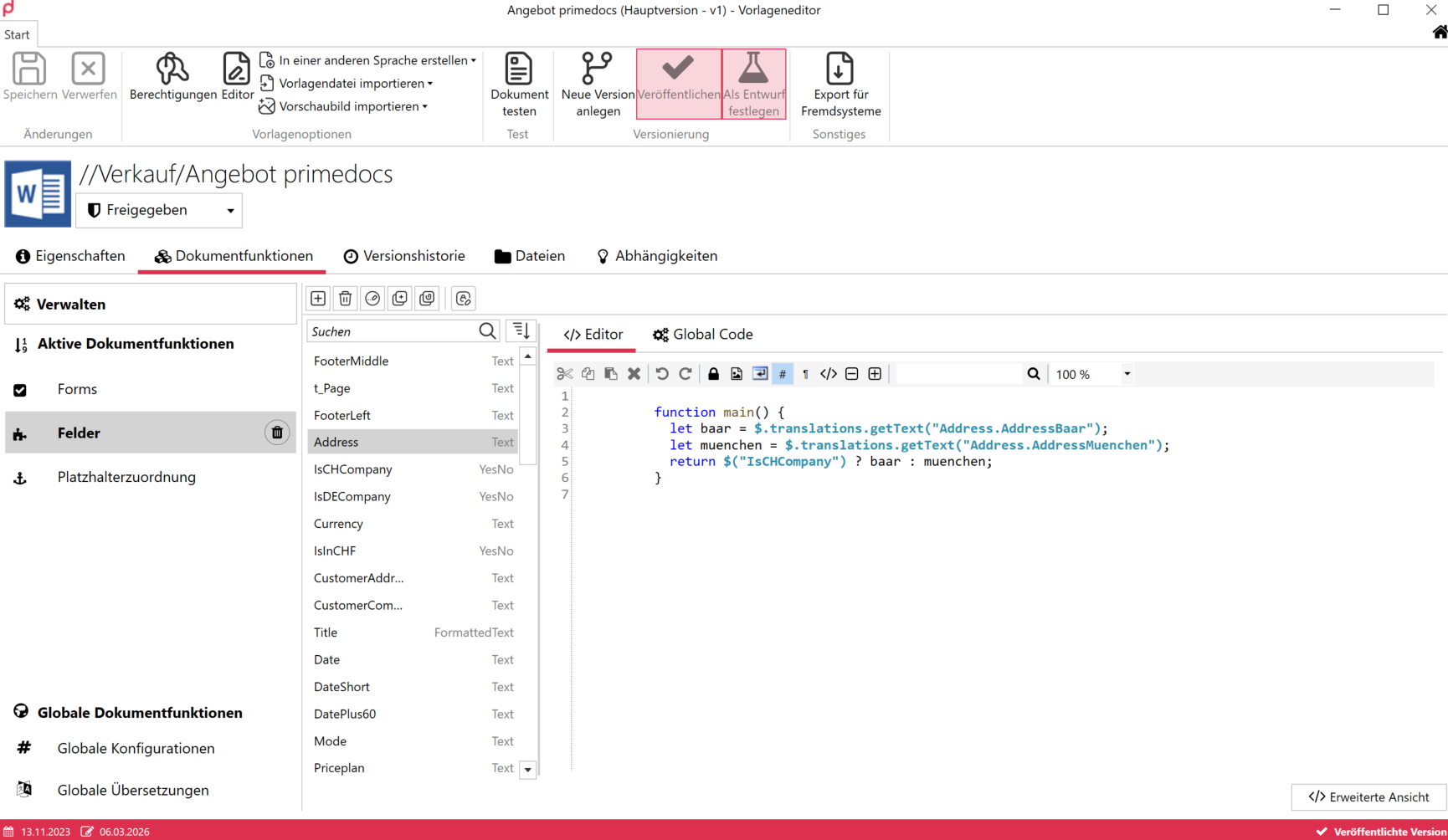Fields editor with field list and JavaScript in the code editor
