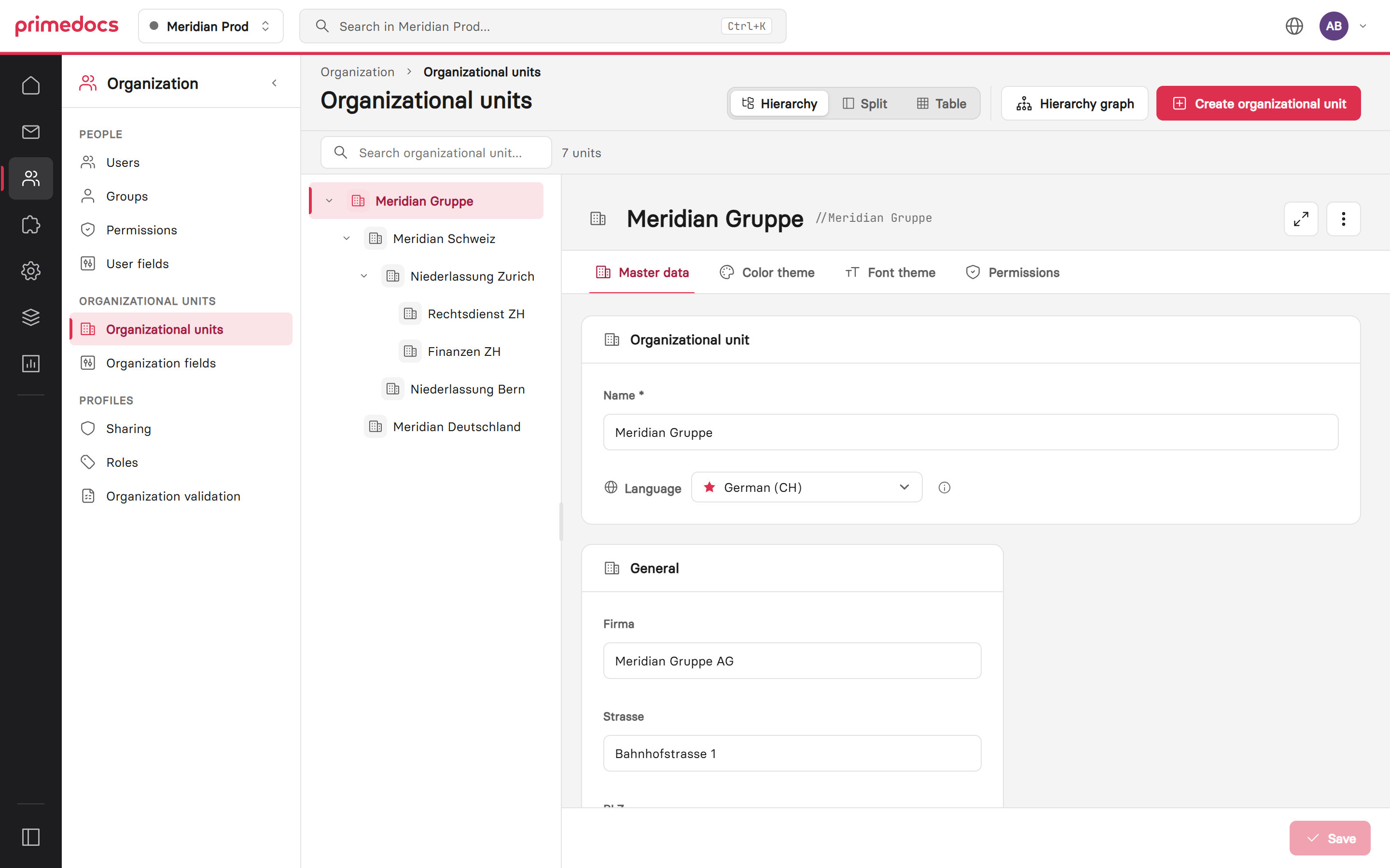 Organizational units in the Web Admin with hierarchy and master data of the selected unit