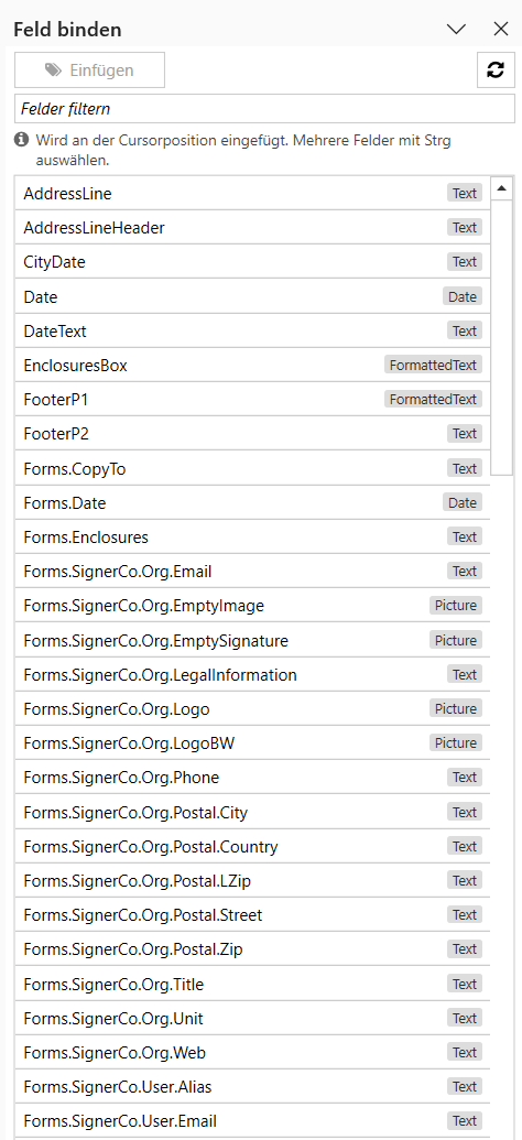 «Feld binden» side pane in Word with filter and field list