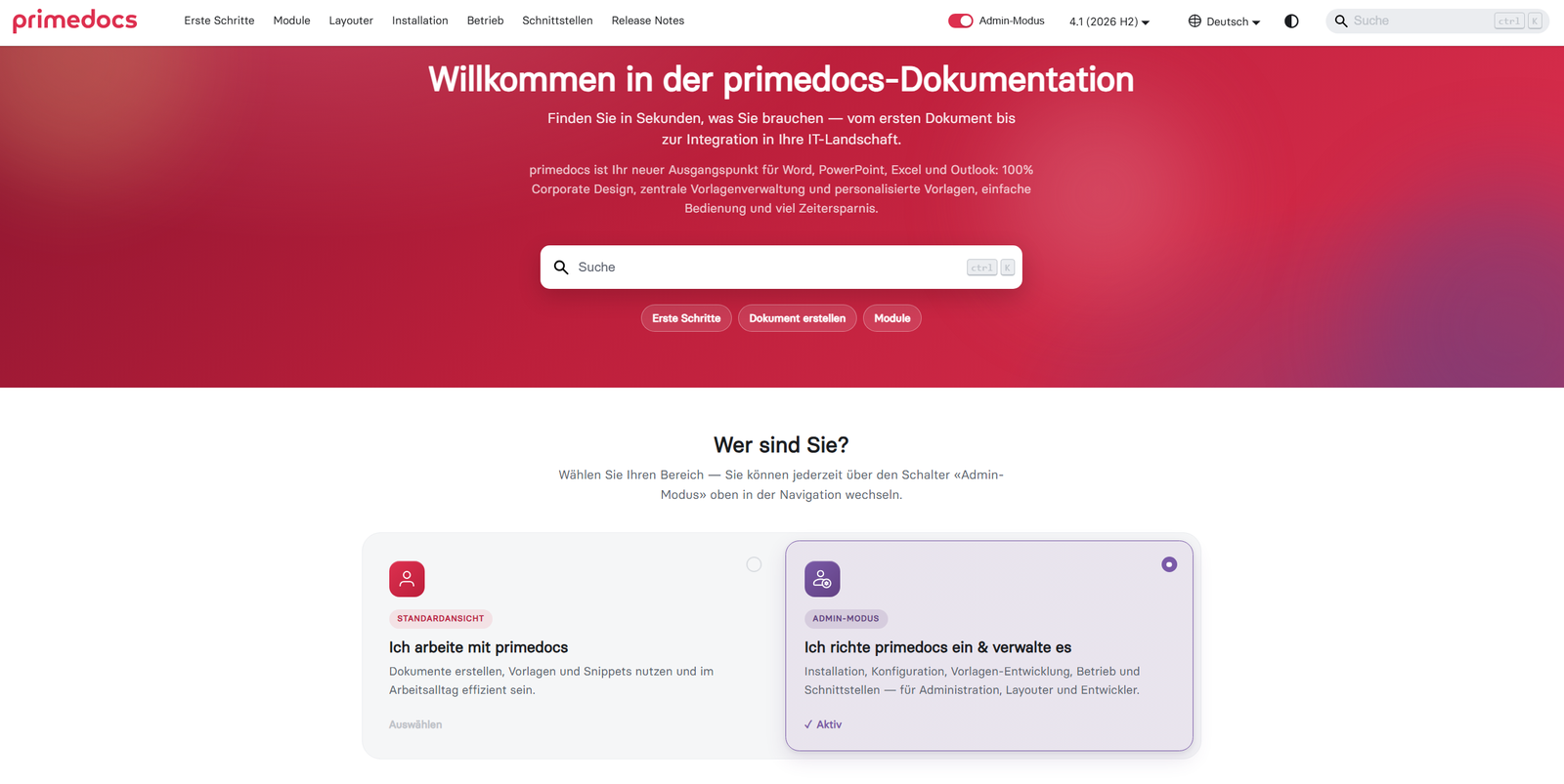 Start page of the product documentation with entry points by task