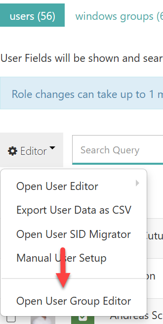 The "Editor" menu with the "Open User Group Editor" entry