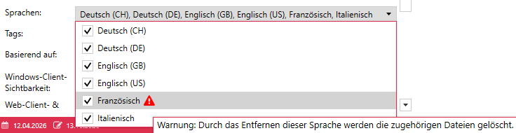 Languages dropdown with the warning icon on French