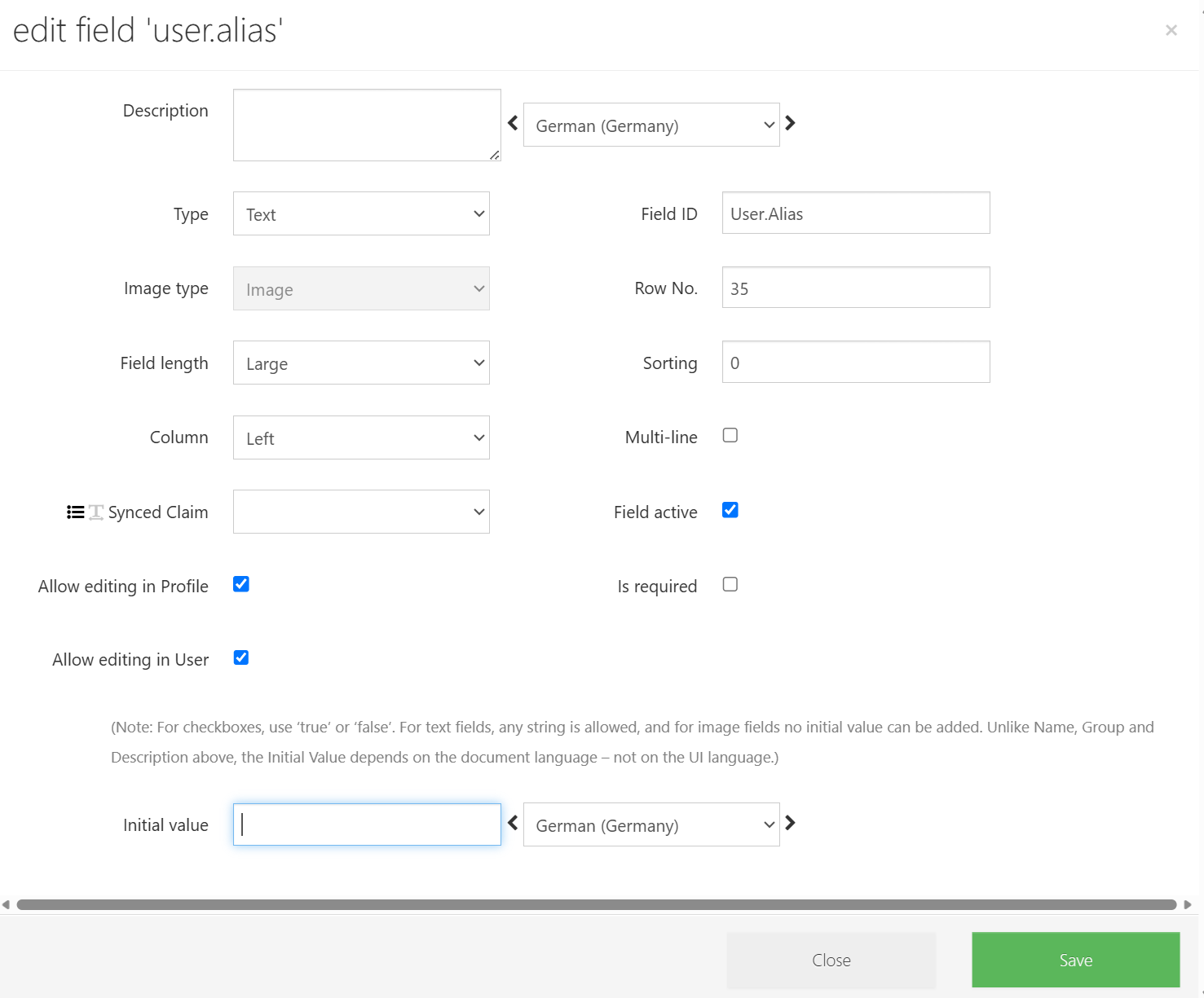 Initial value in the "edit field" dialog