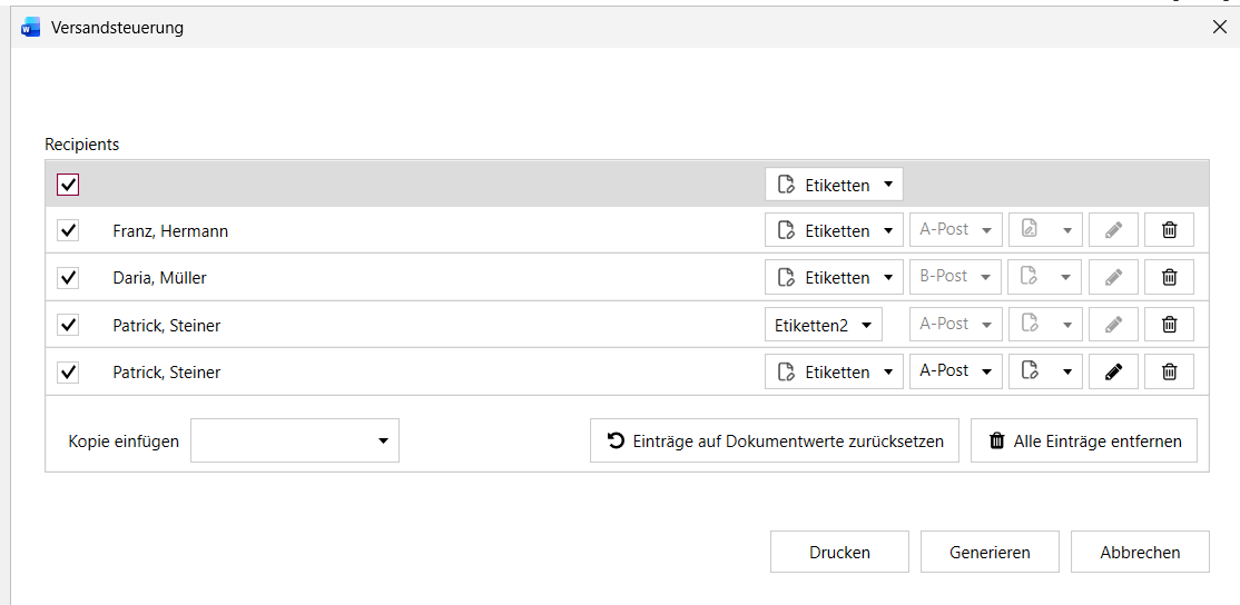 Dispatch Manager dialog with recipients assigned to targets