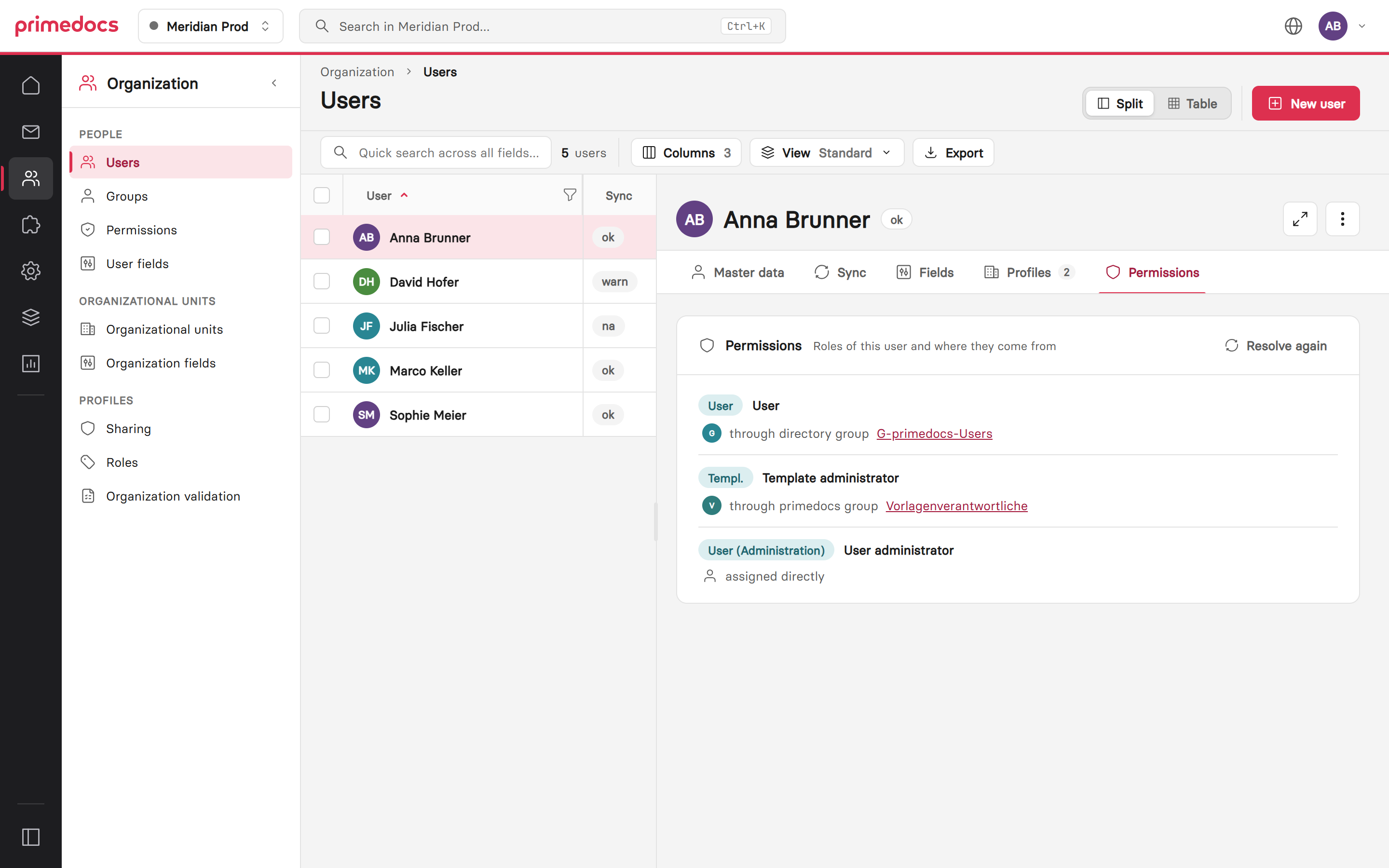 User list in split view with an opened user in the «Permissions» tab