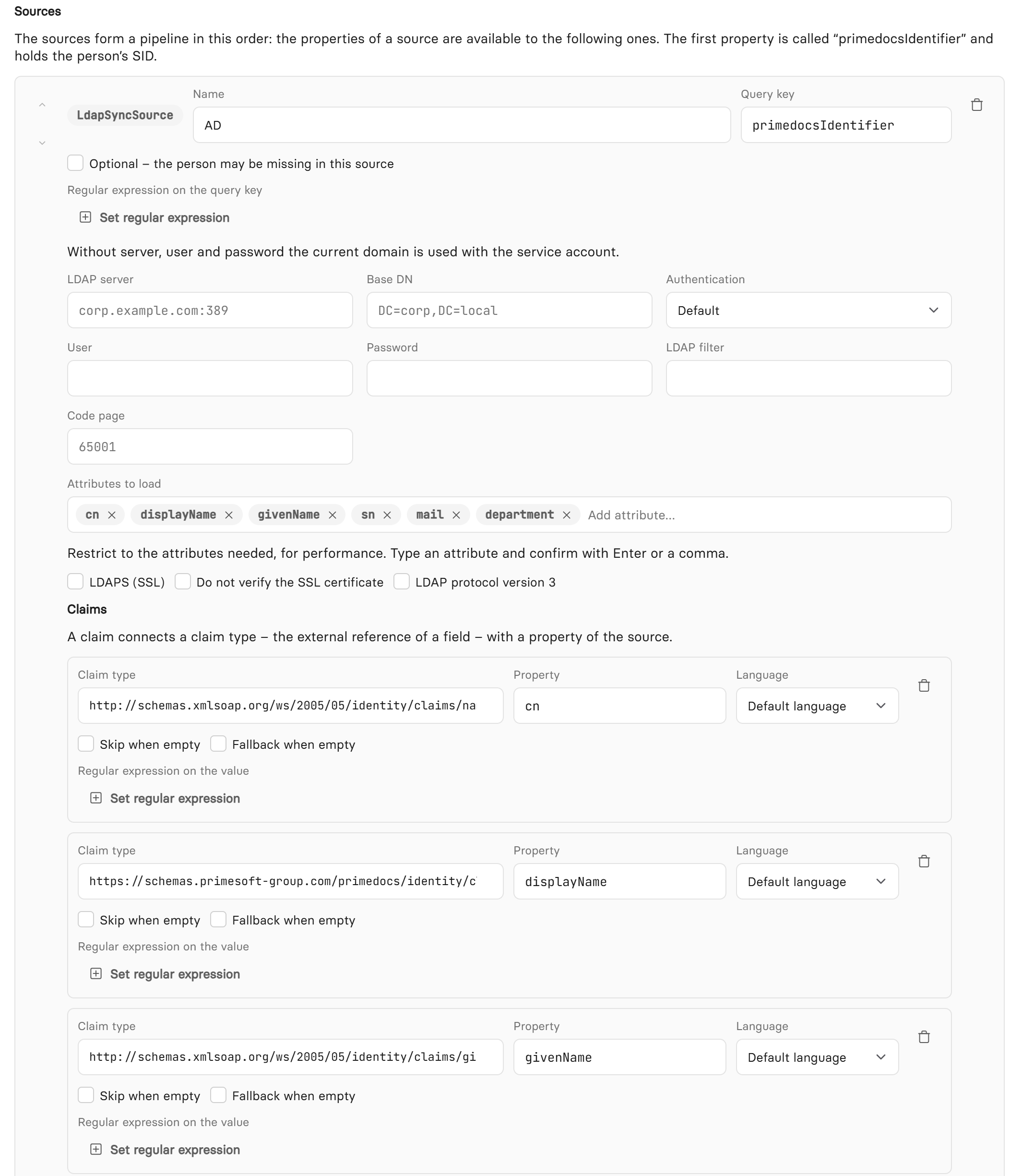 Visual editor of the user synchronization with sources and claims
