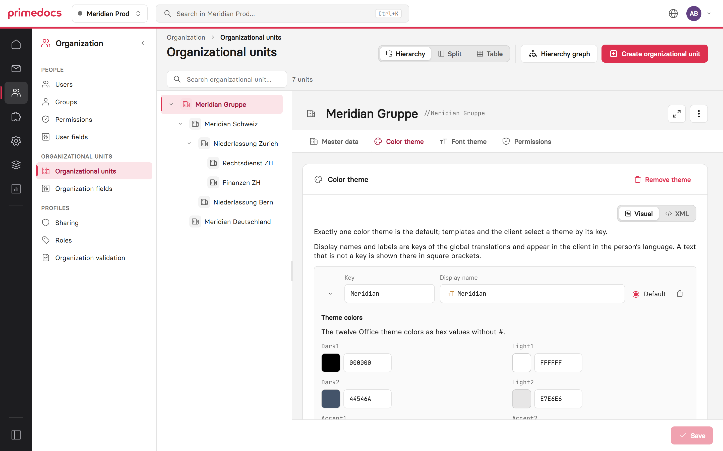 Colour theme of an organizational unit in the visual editor