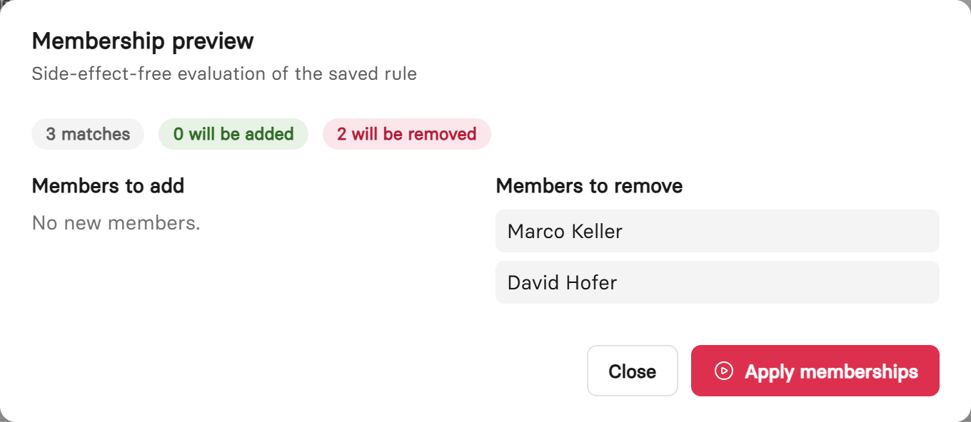 Membership preview of a dynamic group with members being added and removed