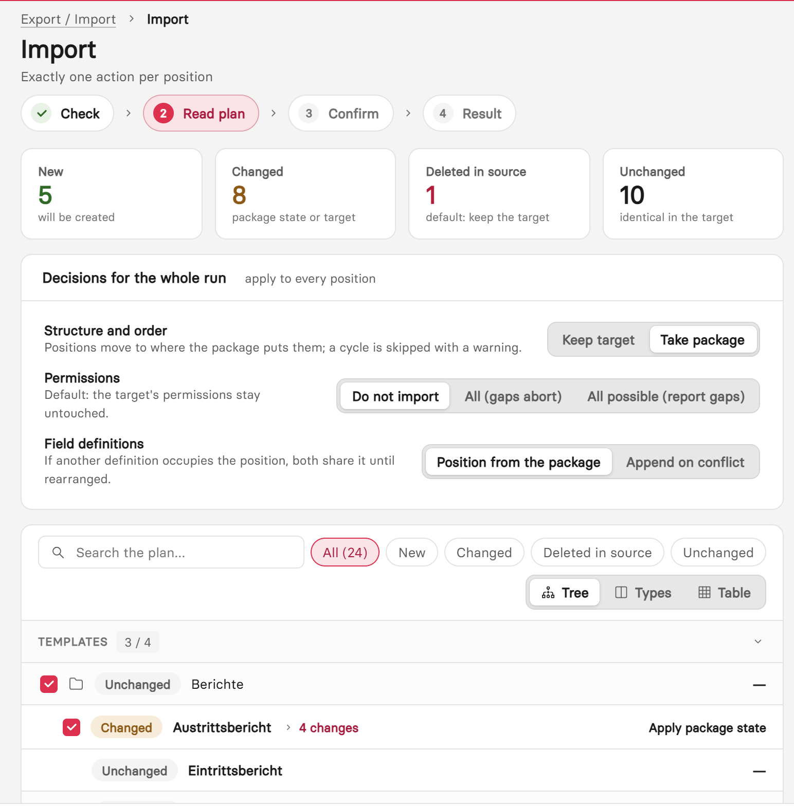 Change plan of an import with decisions for the whole run and actions per position