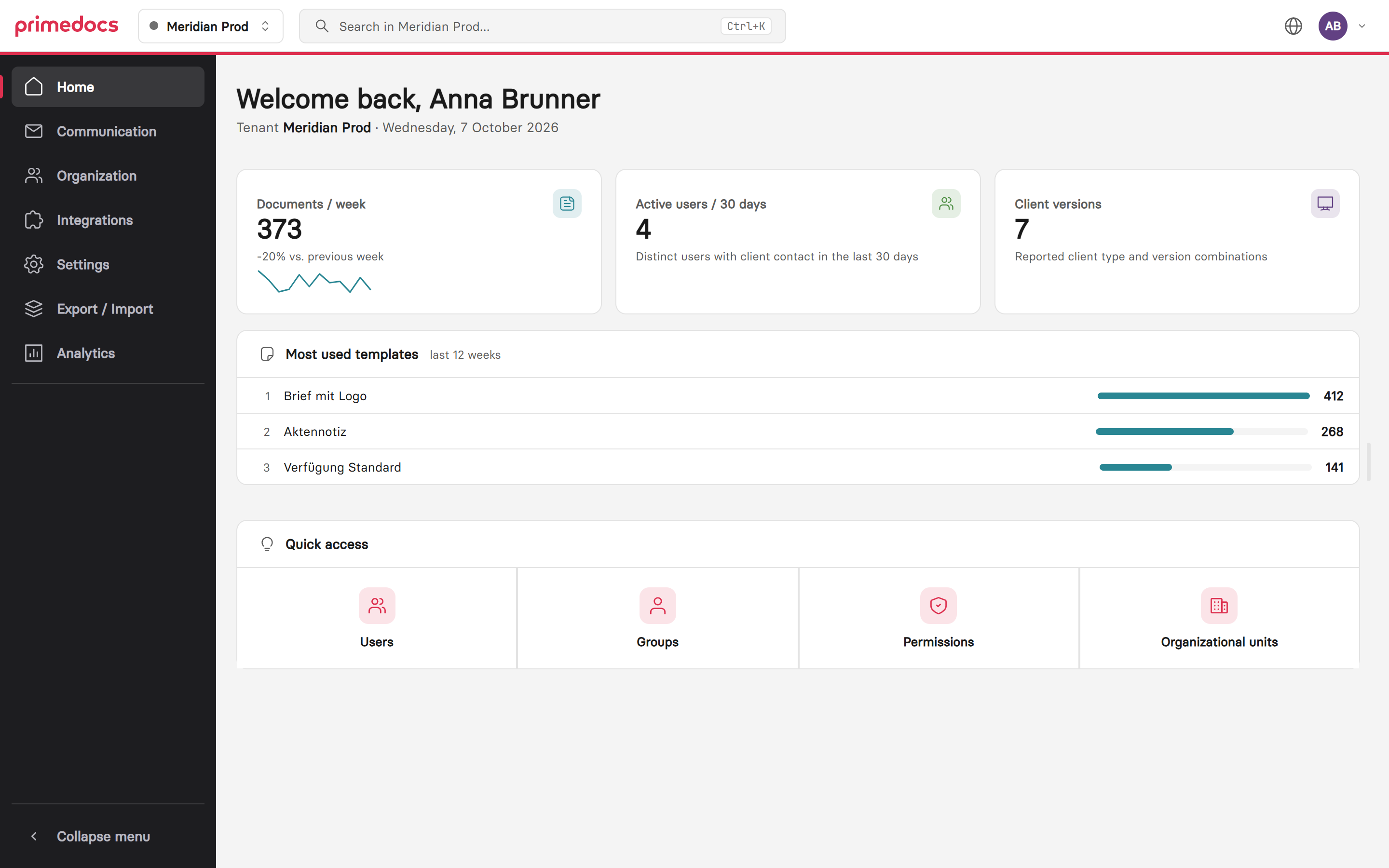 Web Admin start page with key figures, most-used templates and quick access