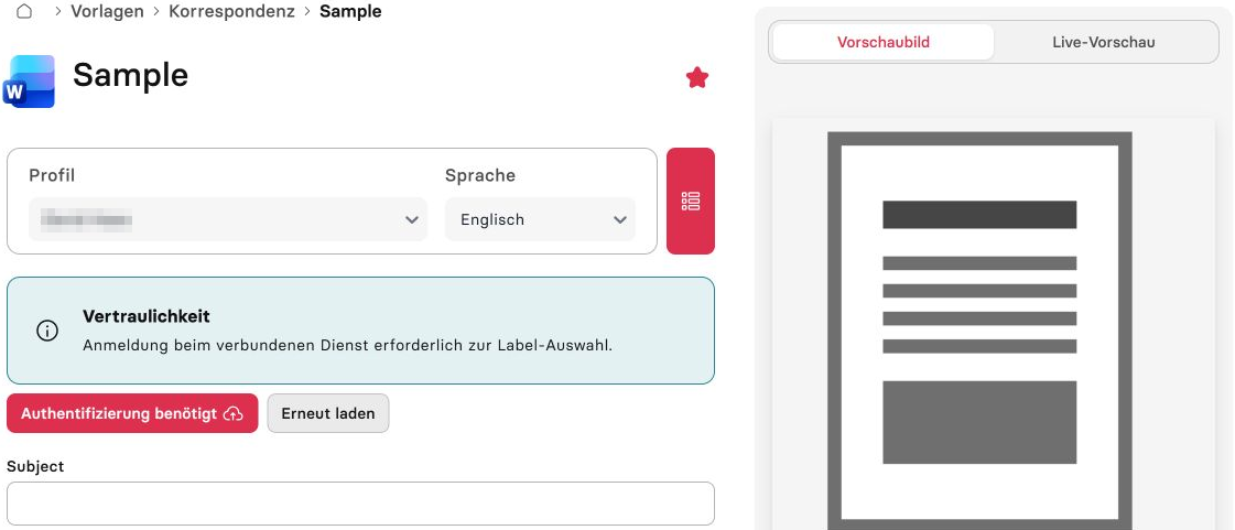 Template form with profile, language, fields and preview controls, shown in German; name pixelated