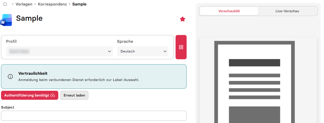 Template form with profile, language, fields and preview